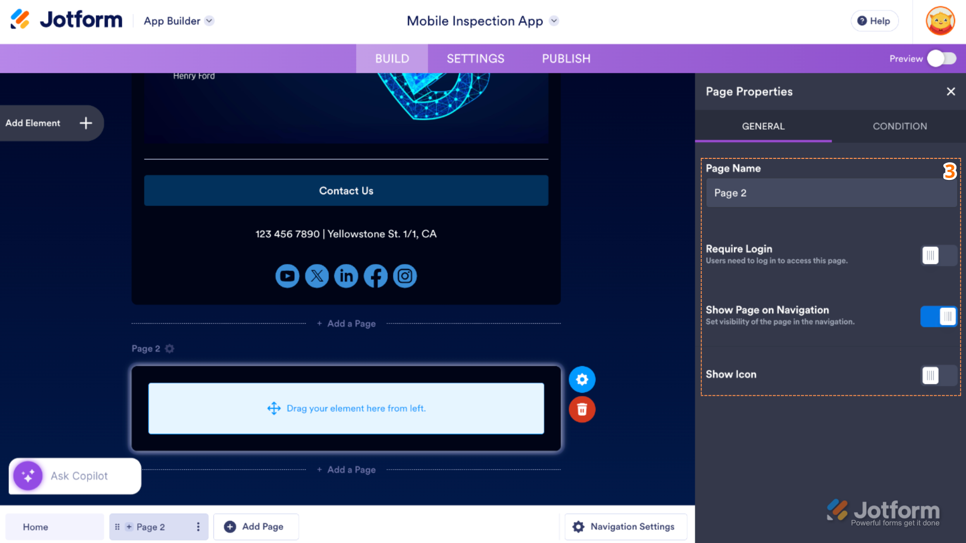 App Builder Page Properties panel open on the right side, showing the General tab with page settings options