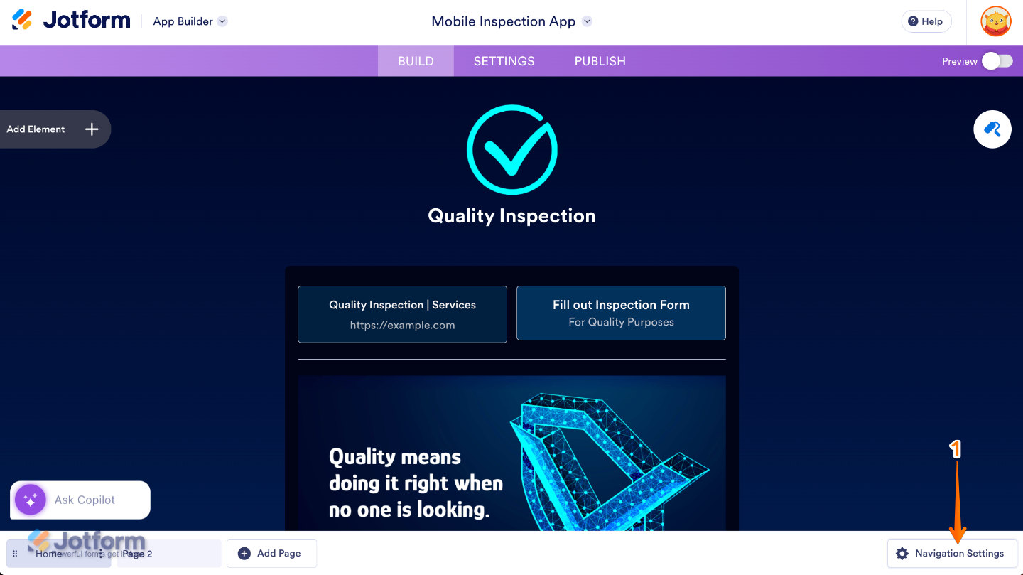 App Builder interface showing the Navigation Settings button located at the bottom-right corner of the page