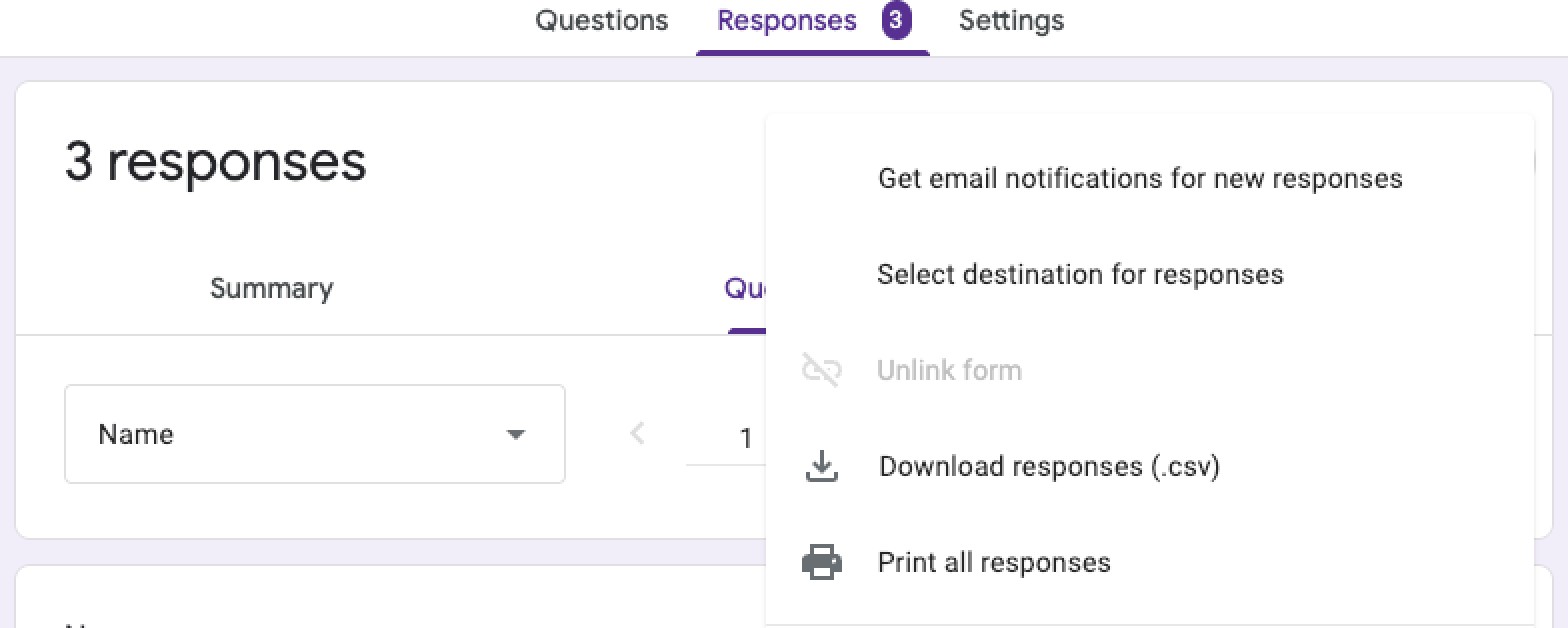 Google Forms Responses Tab Three-dots Menu