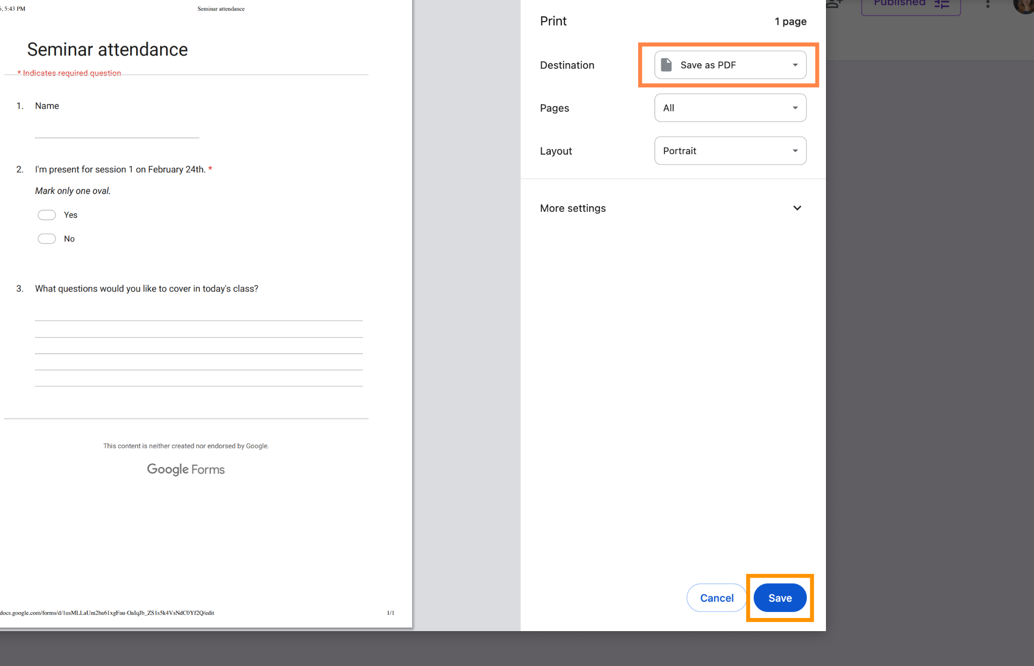 Google Forms Print Menu Save as a PDF Option and Save Button