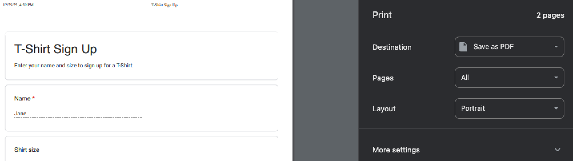 Google Forms Print Pop-up Settings