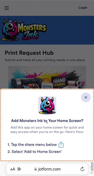 Add to Home Screen prompt of a Jotform Apps demo