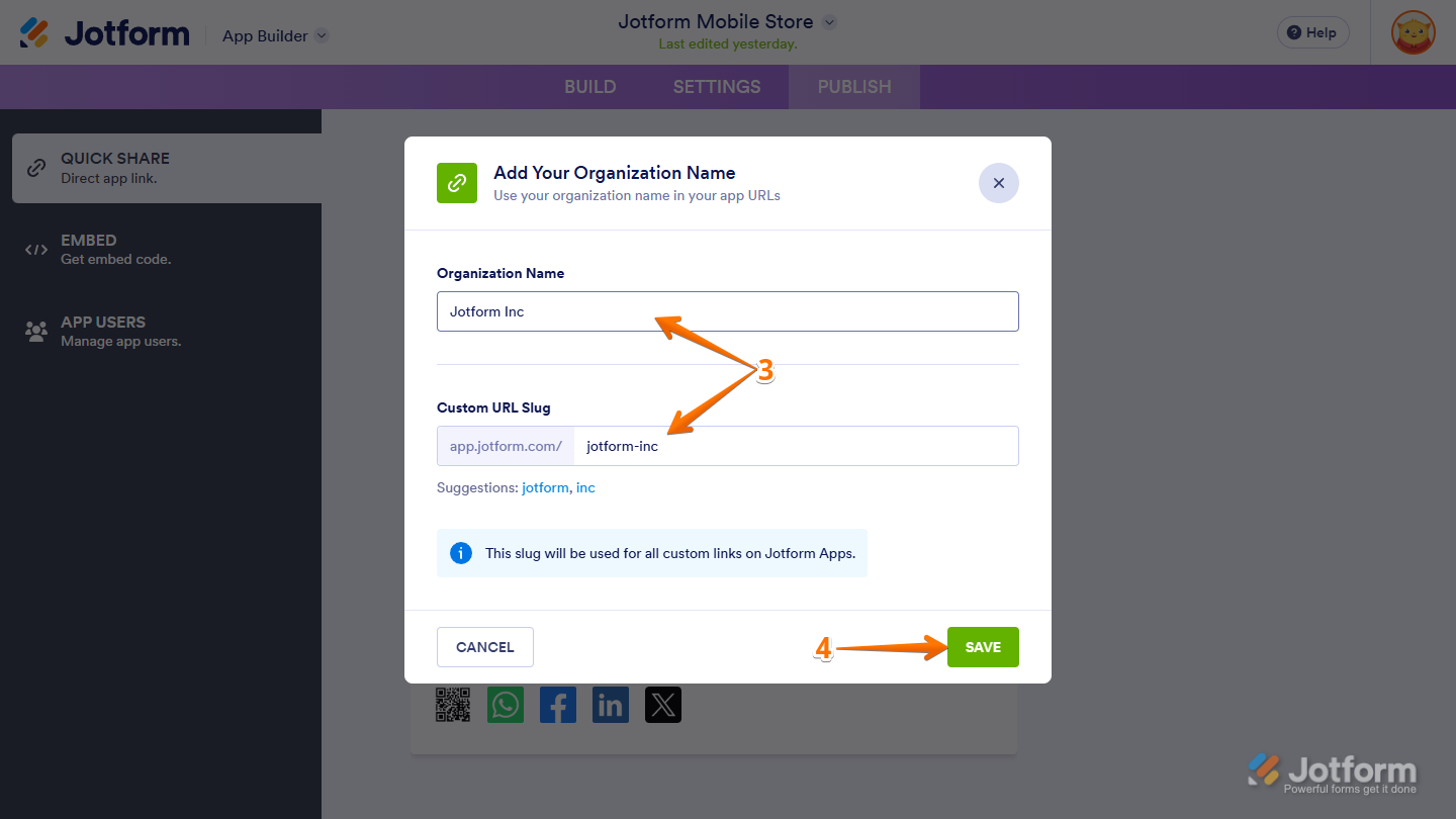 Organization Name and Custom URL Slug settings in Publish tab of the Jotform App Builder