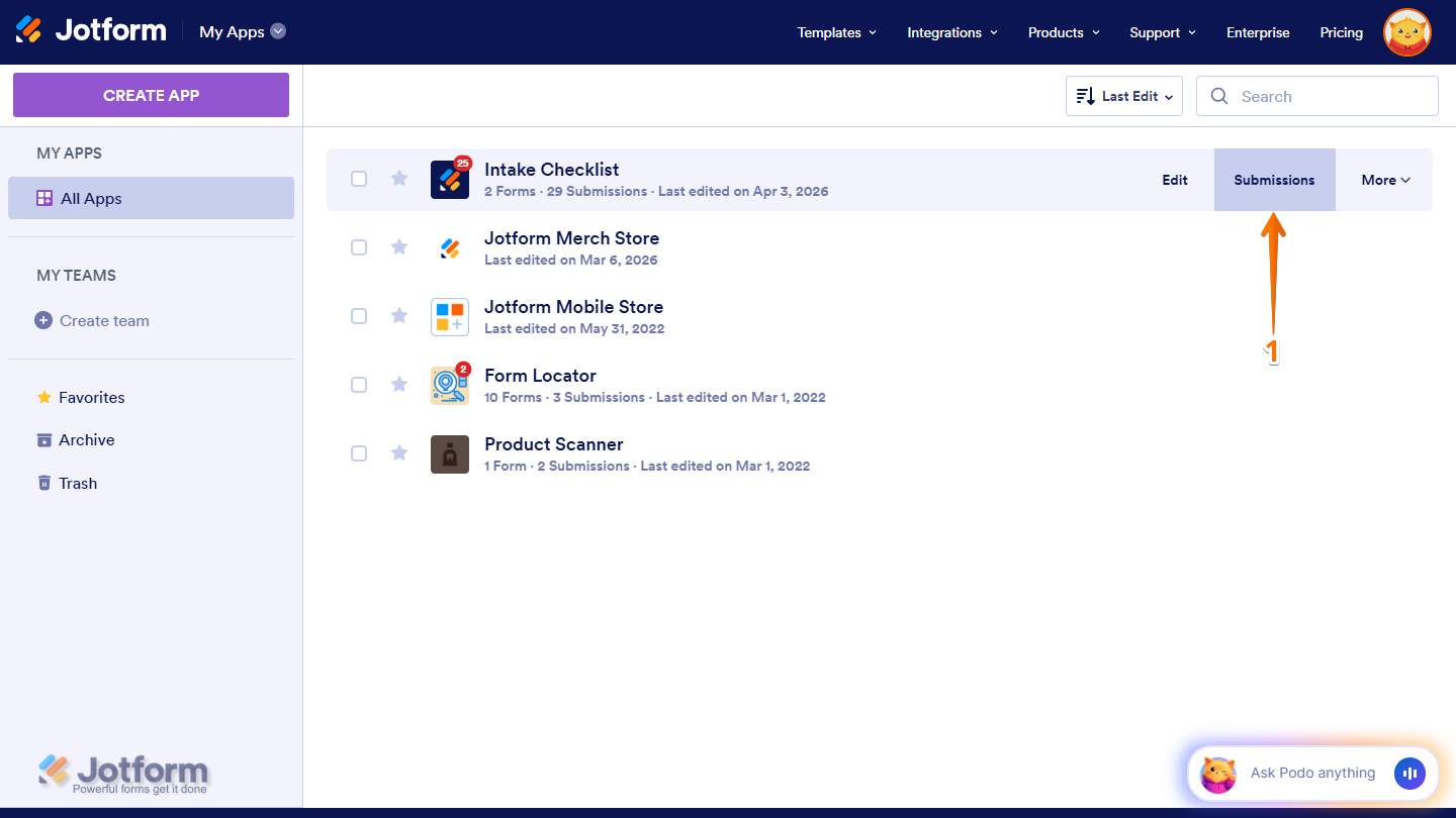 Submissions menu in My Apps page