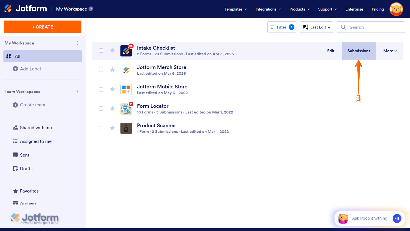 Submissions menu of a Jotform App in Workspace page