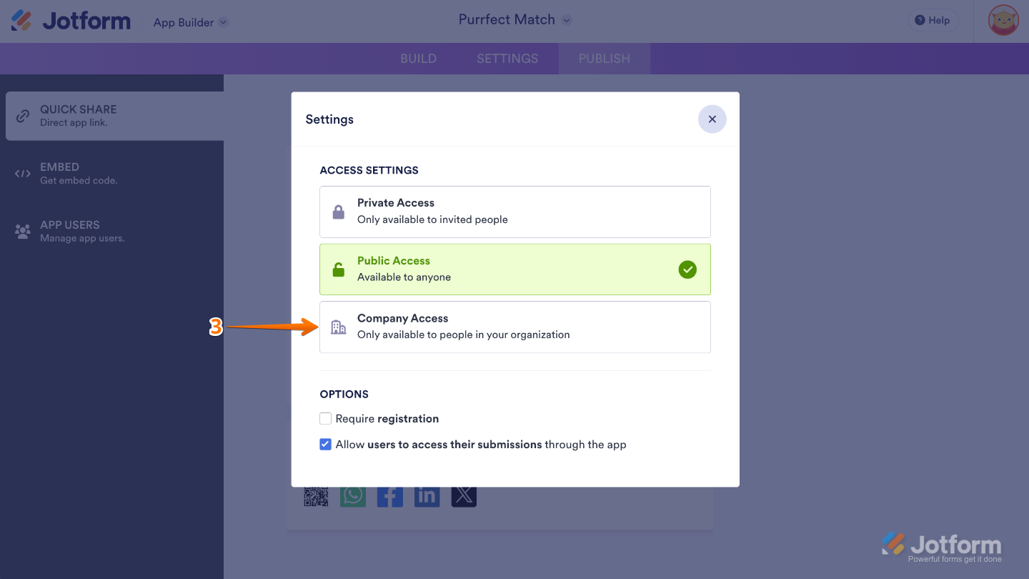 App Builder Settings window showing the Access Settings section with the Company Access option selected