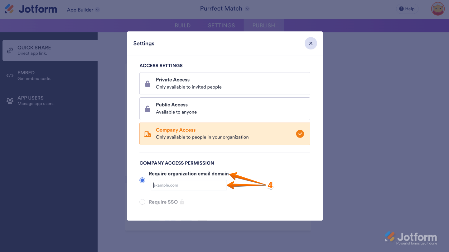 Company Access settings showing the organization email domain field being filled in