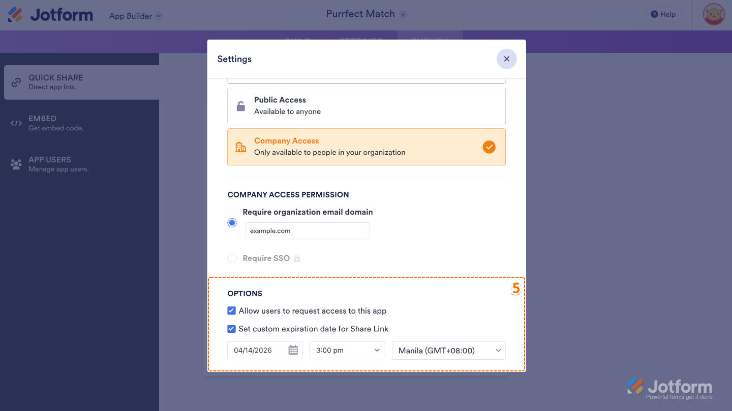App Builder Settings window showing options to allow users to request access and set a custom expiration date for the share link
