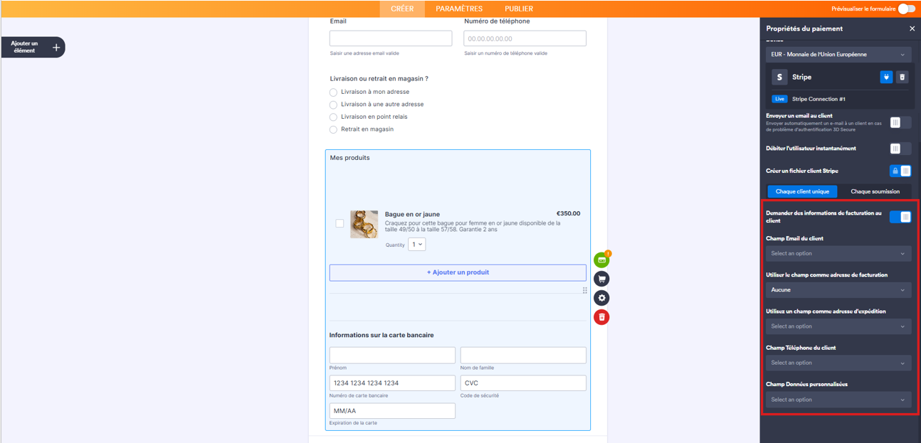 Capture d'écran du volet Propriétés du paiement de l'élément Stripe dans le Générateur de formulaires Jotform avec un encadré autour des options qui s'affichent lorsqu'on active Demander des informations de facturation au client