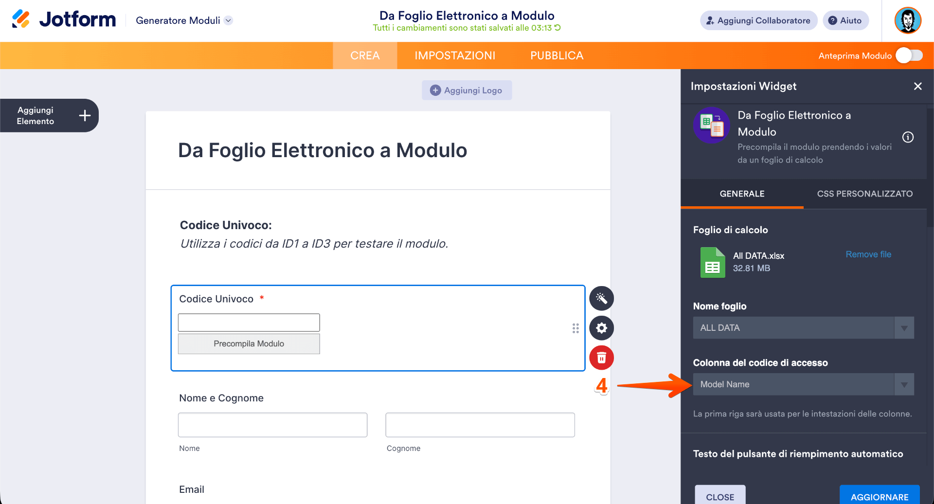 Selezione colonna codice di accesso