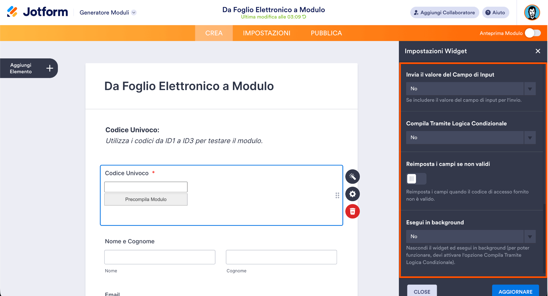 Impostazioni aggiuntive widget