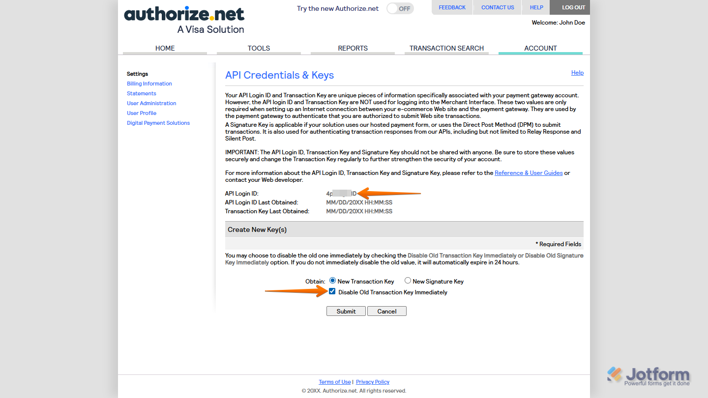 Existing API Login ID in the API Credentials & Keys section in Authorize