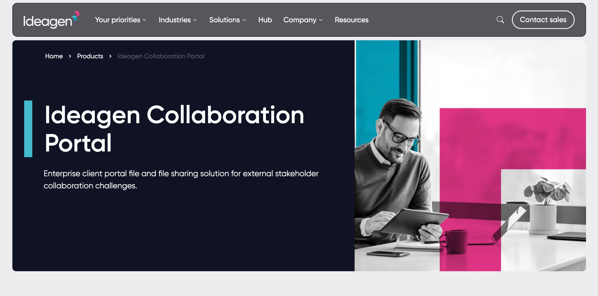 Ideagen Collaboration Portal's website with the words: "Enterprise client portal file and file sharing solution for external stakeholder collaboration challenges"