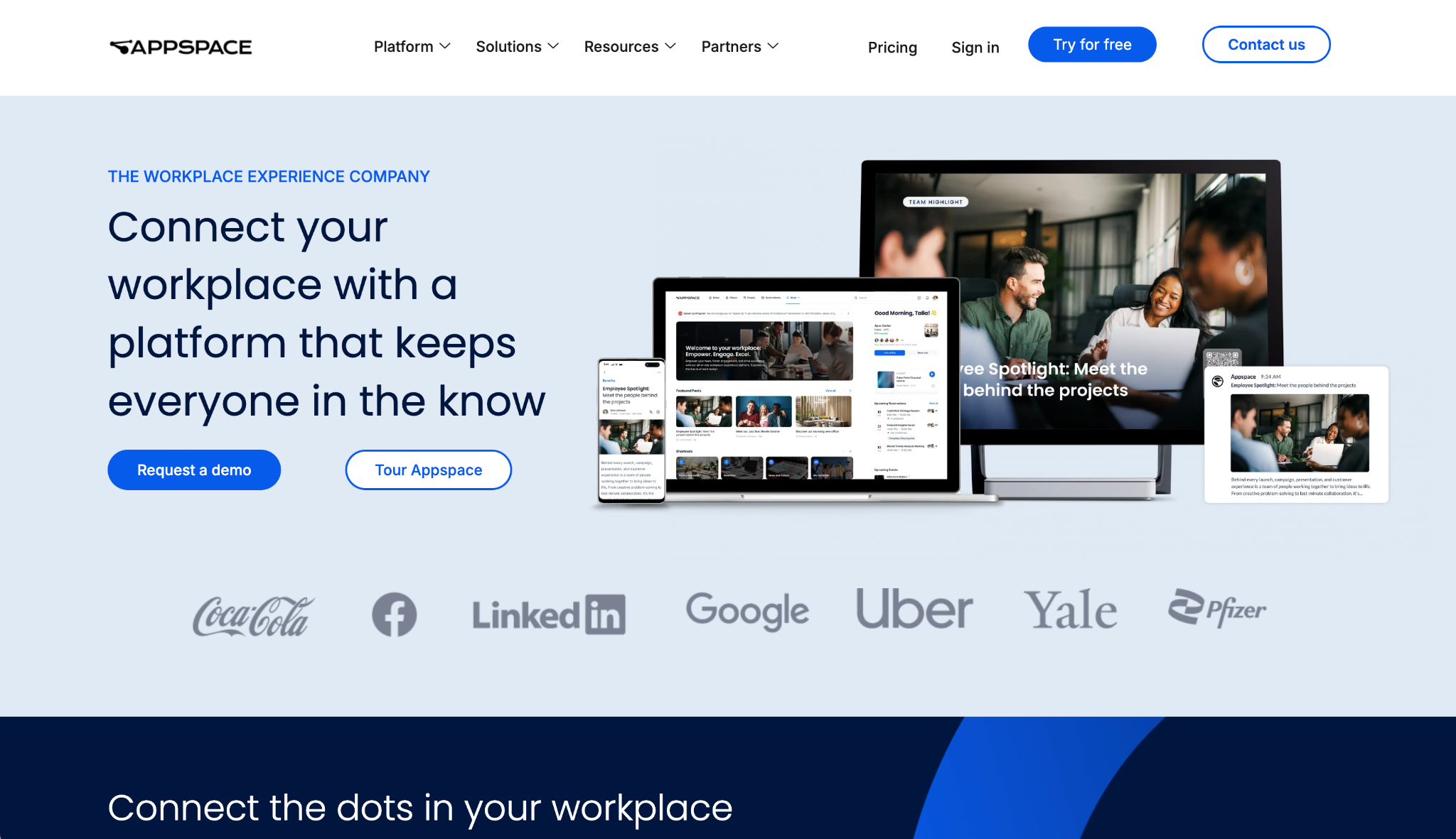 Appspace's website with the words: "Connect your workplace with a platform that keeps everyone in the know"