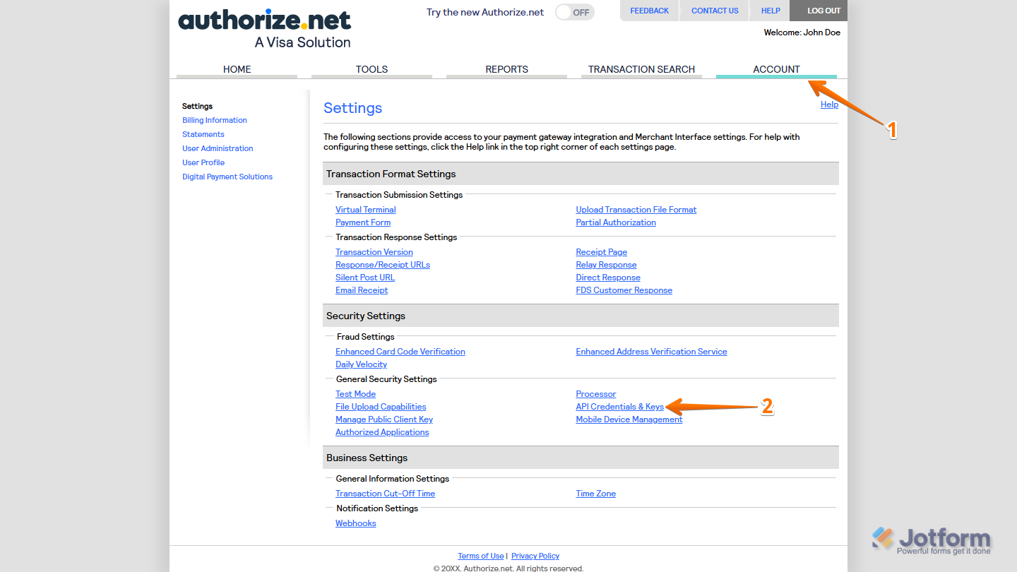 API Credentials & Keys link in the General Security Settings section in Security Settings of the Settings in Authorize