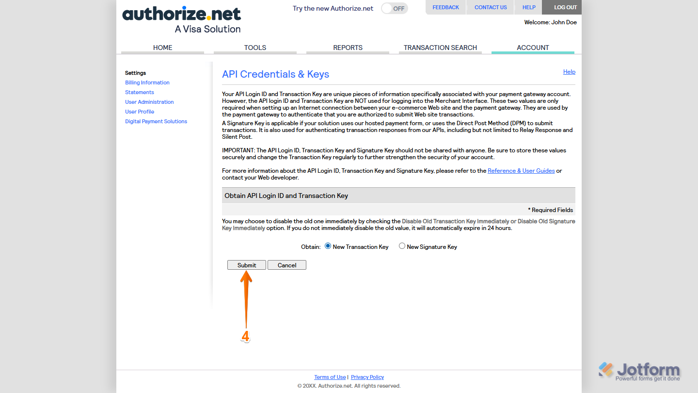 Submit button in the Obtain API Login ID and Transaction Key section in API Credentials & Keys in Authorize