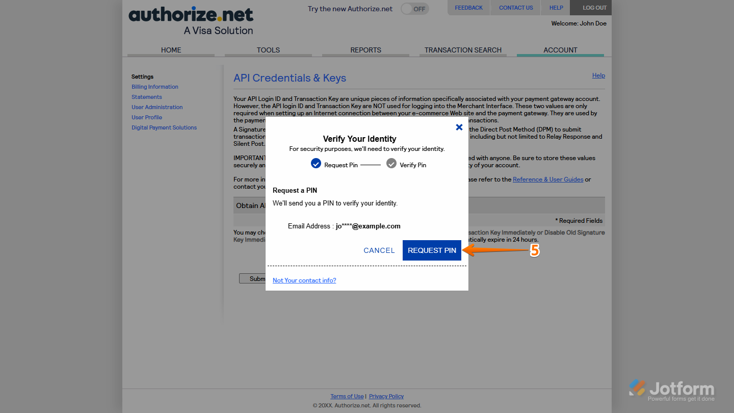 Request PIN button in the Verify Your Identity window in Authorize