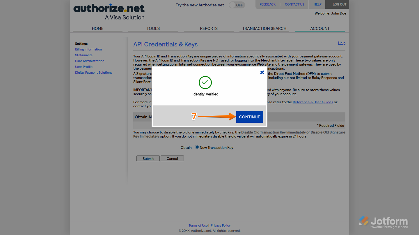 Continue button in the Verify Your Identity window in Authorize