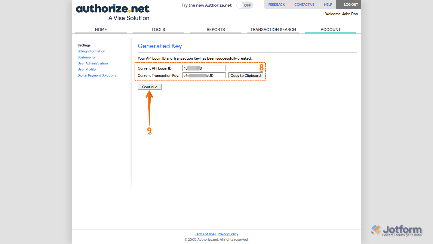 Continue button in the Generated Key section in Authorize