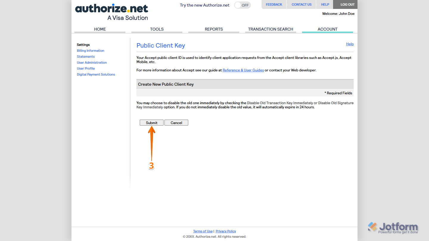 Submit button in the Create New Public Client Key section in Public Client Key in Authorize