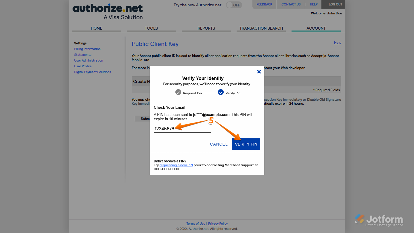 Verify PIN button in the Verify Your Identity window in Authorize