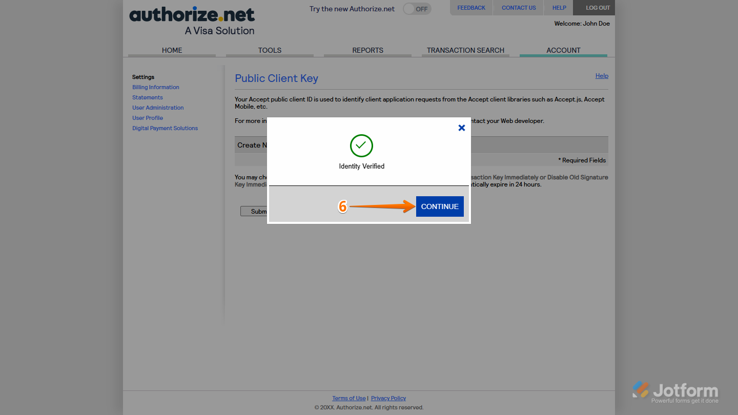 Continue button in the Verify Your Identity window in Authorize