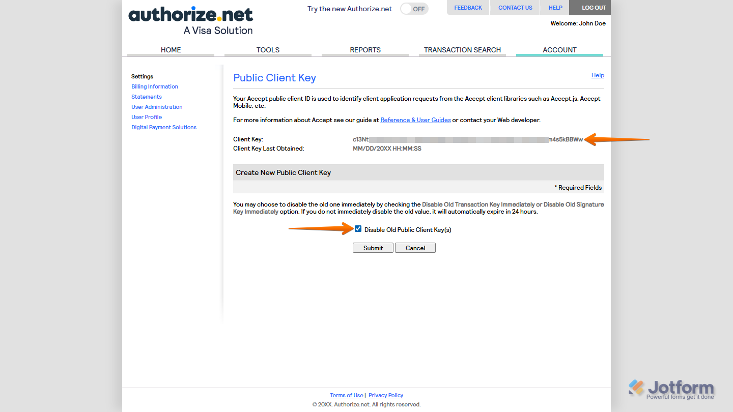 Existing Client Key in the Public Client Key section in Authorize