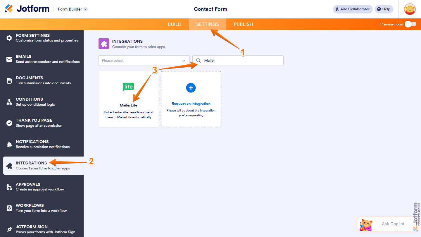 Form Builder Integrations page showing MailerLite search and selection in Jotform