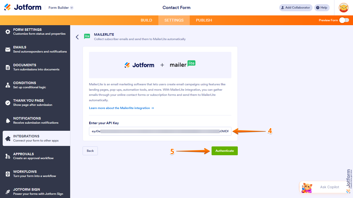 MailerLite integration page showing API Key input field and Authenticate button in Jotform