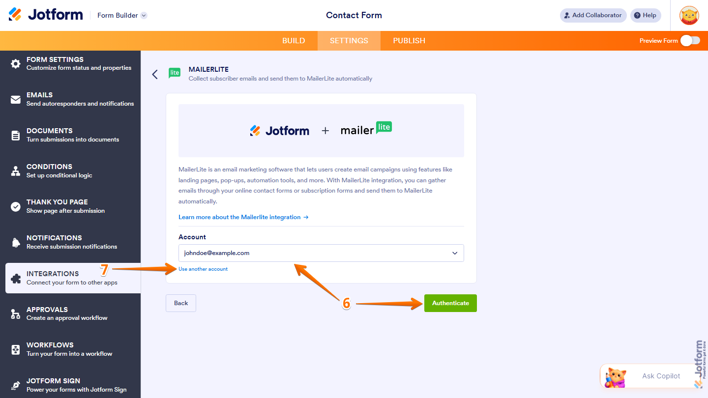 MailerLite integration showing account dropdown and Use Another Account option in Jotform
