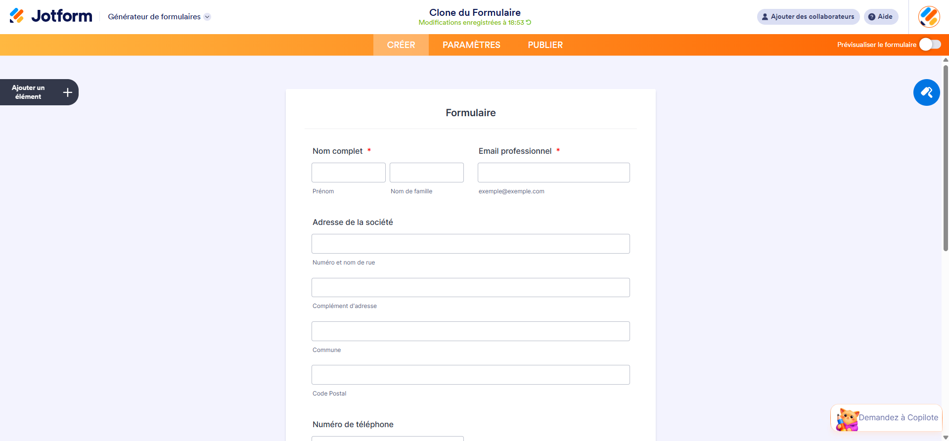 Capture d'écran d'un Formulaire cloné nouvellement créé dans le Générateur de formulaires Jotform