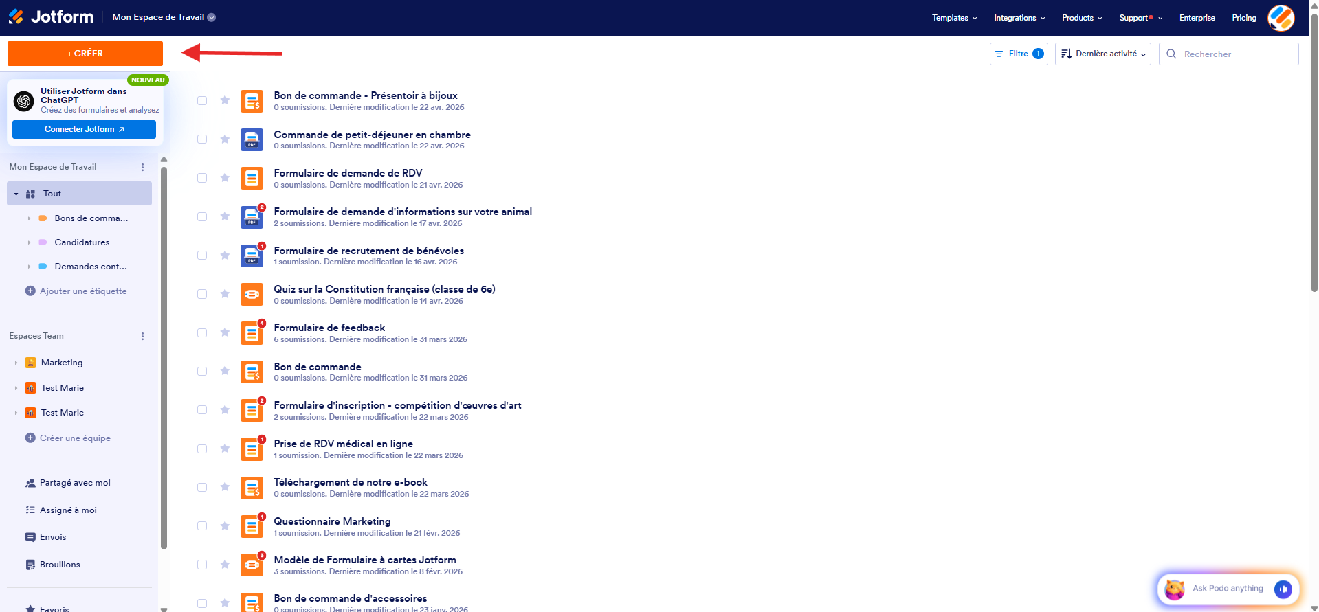 Capture d'écran de la page Mon Espace de Travail Jotform avec une flèche vers le bouton Créer