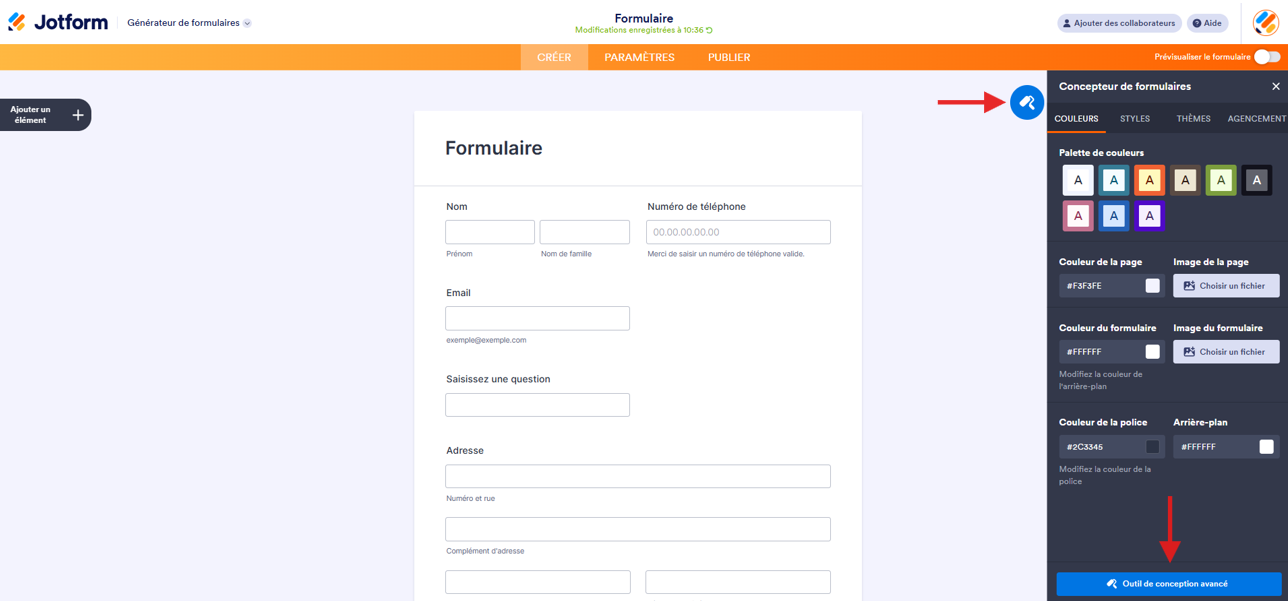 Capture d'écran d'un formulaire dans le Générateur de formulaires Jotform avec le volet Concepteur de formulaires ouvert à droite, une flèche pointant vers l'icône de rouleau à peinture et une autre vers le bouton Outil de conception avancé en bas