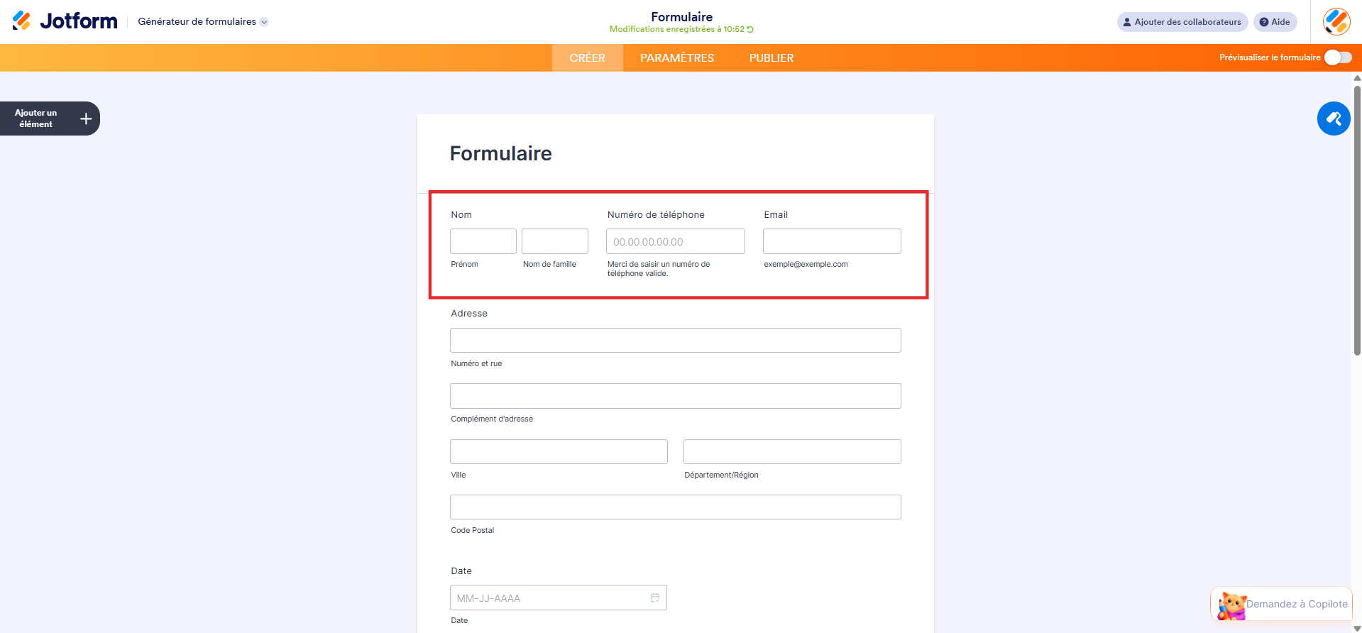 Capture d'écran d'un formulaire dans le Générateur de formulaires Jotform avec 3 éléments alignés côte à côte en 3 colonnes