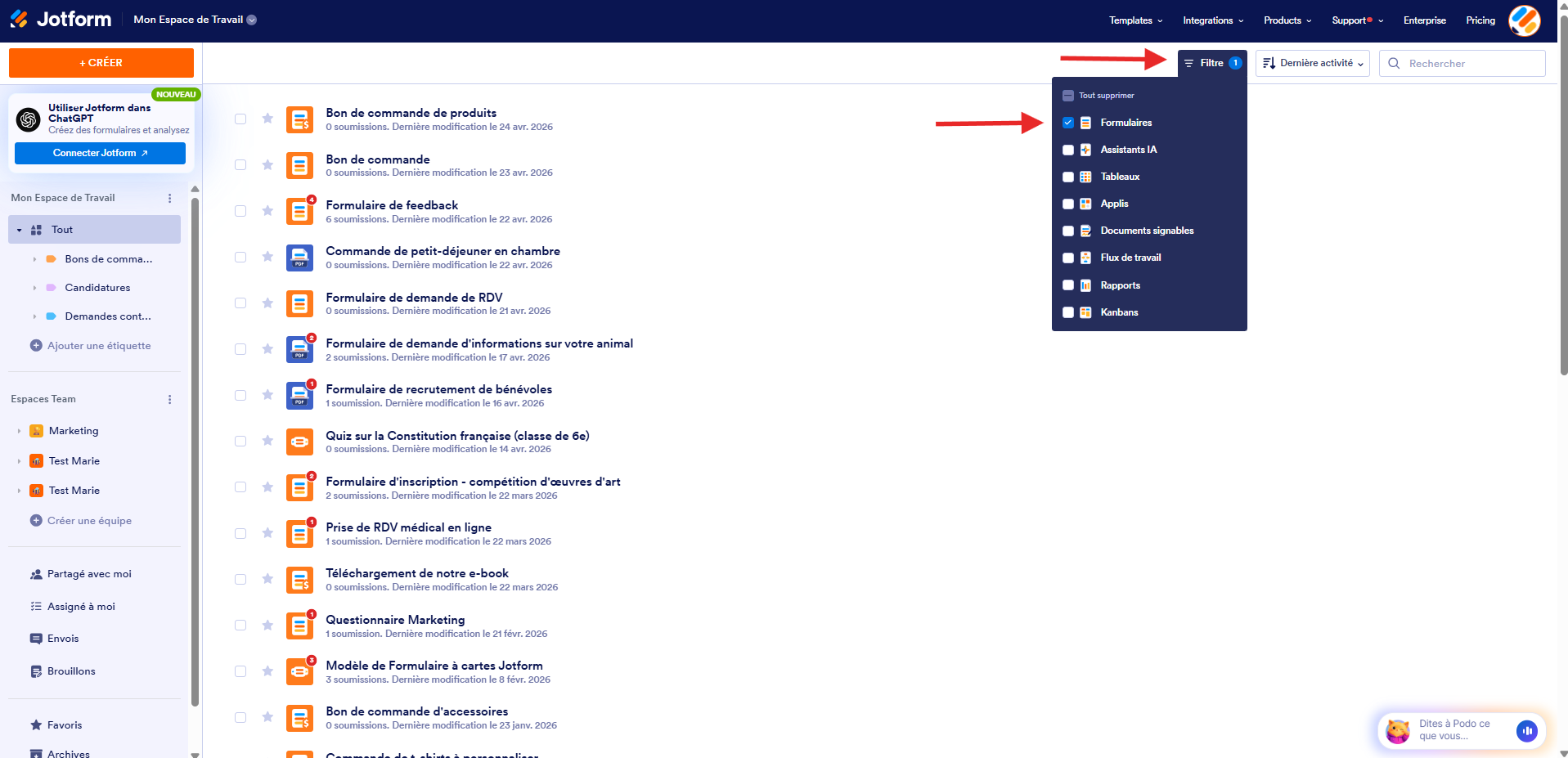 Capture d'écran de la page Mon espace de Travail dans le Générateur de formulaires Jotform avec une flèche pointant vers Filtre et une autre vers la seule case cochée, à savoir Formulaires