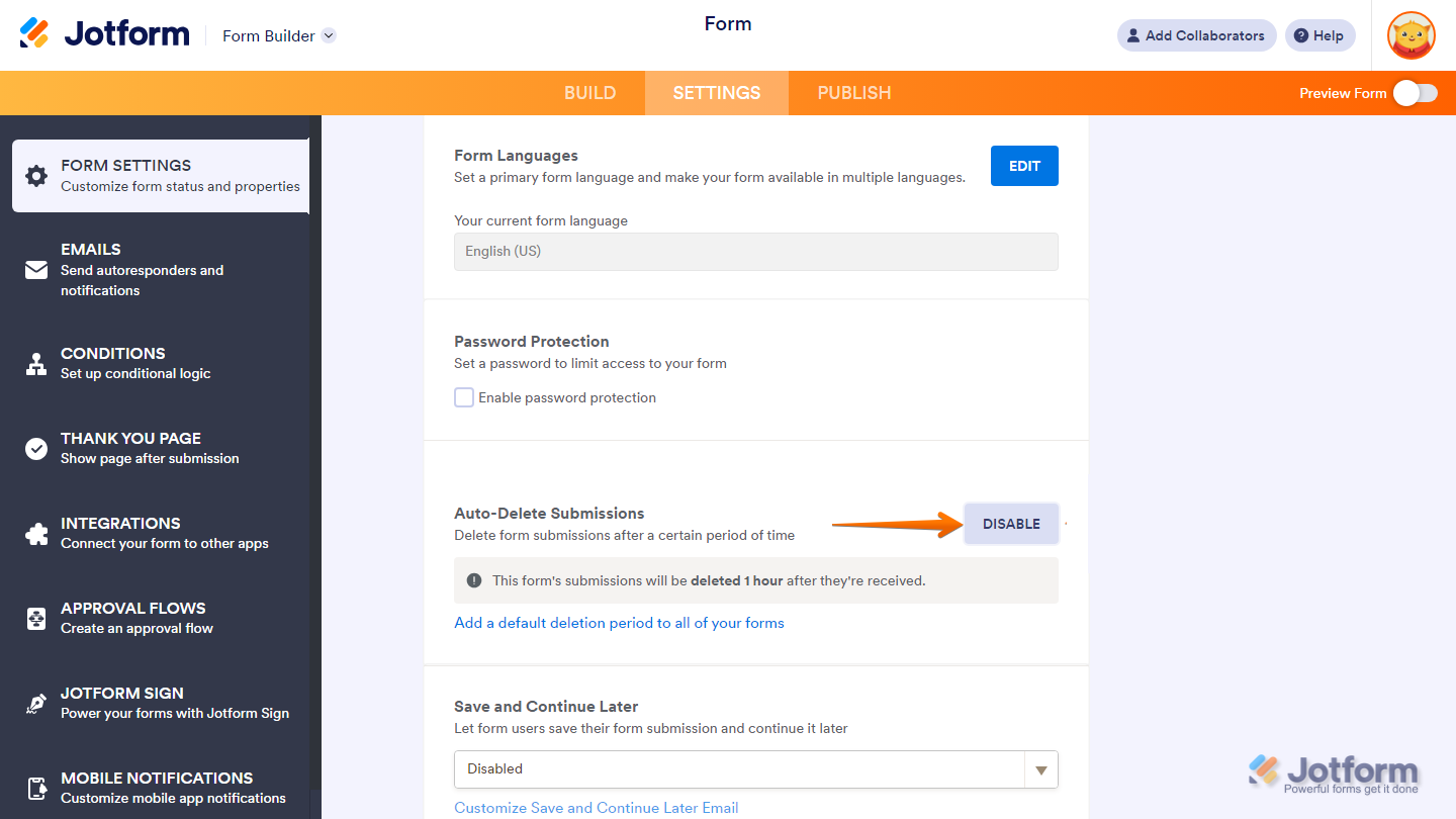 Settings page showing Auto-Delete Submissions enabled with Disable button in Jotform