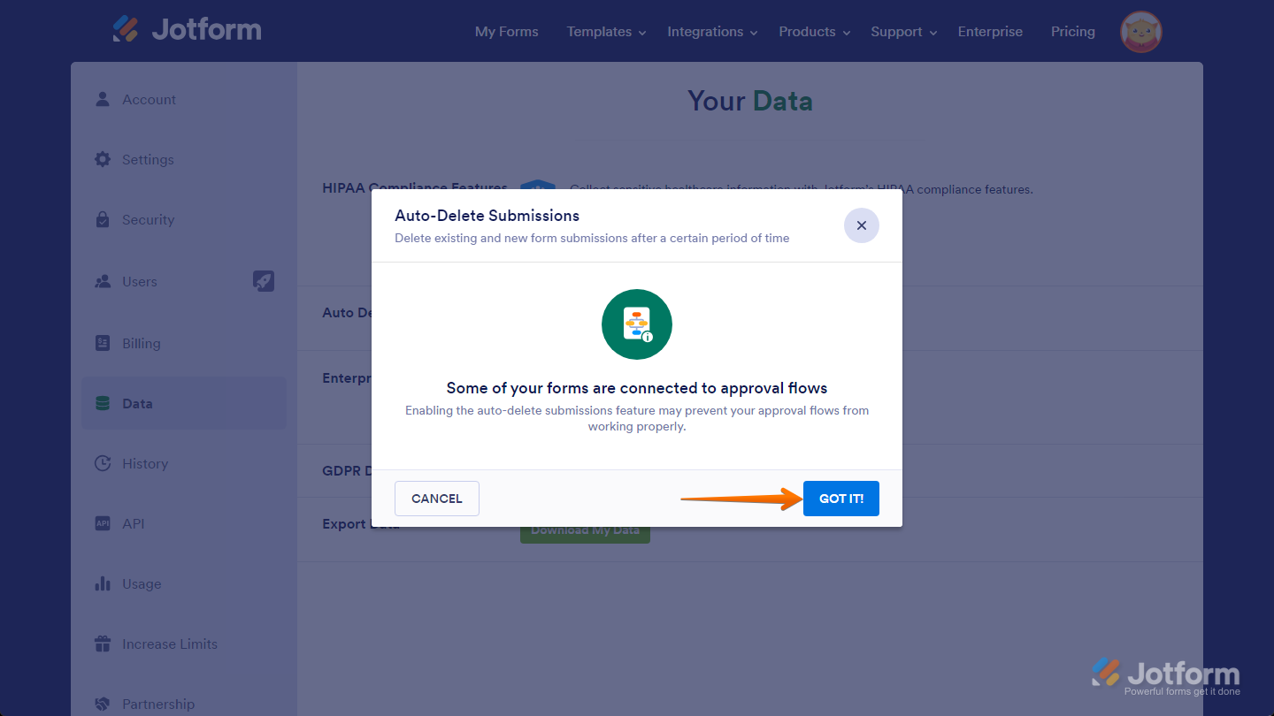 Auto-Delete Submissions window showing approval flow warning with Got It and Cancel buttons in Jotform
