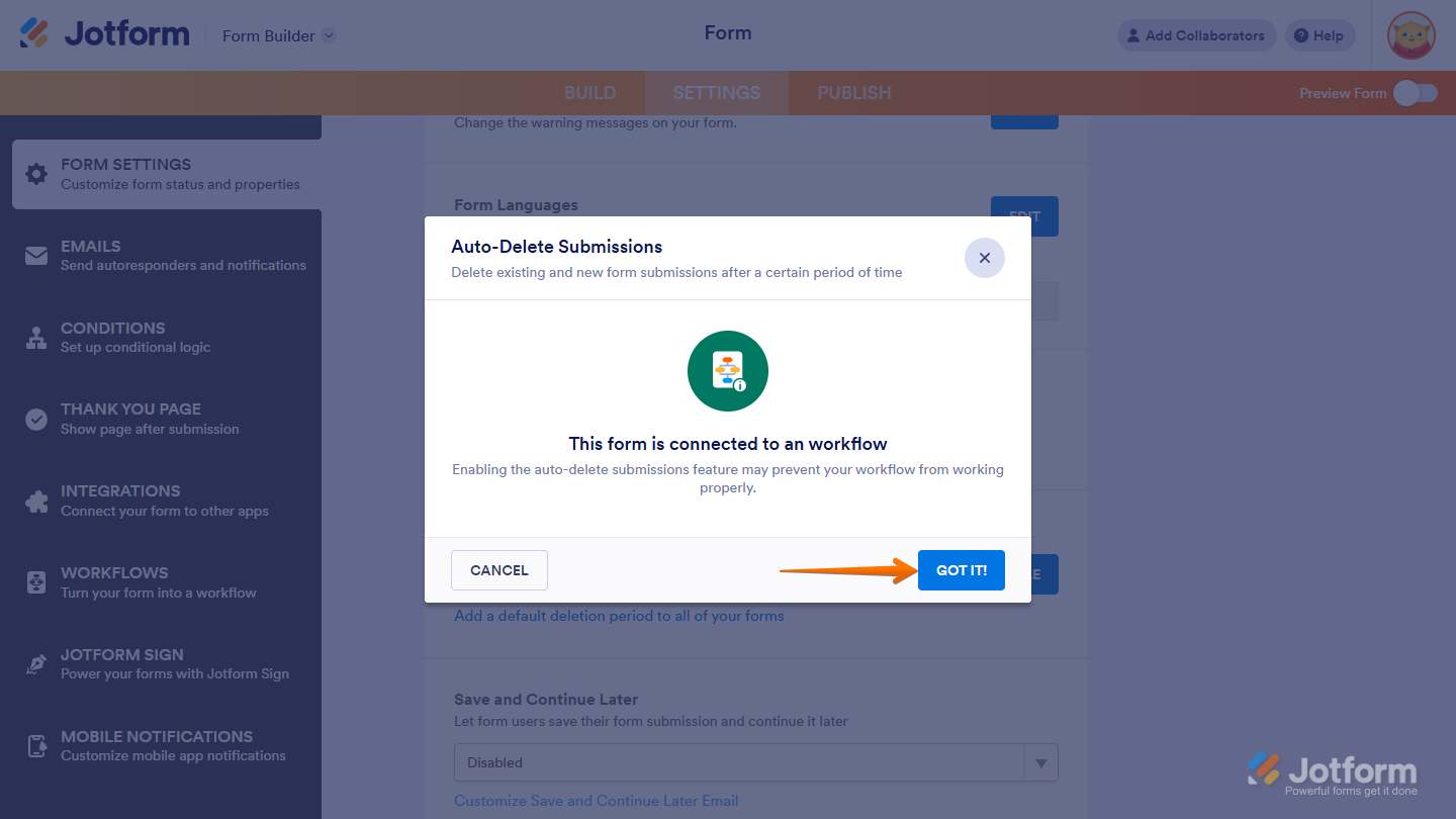Auto-Delete Submissions window showing approval flow warning with Got It and Cancel buttons in Jotform