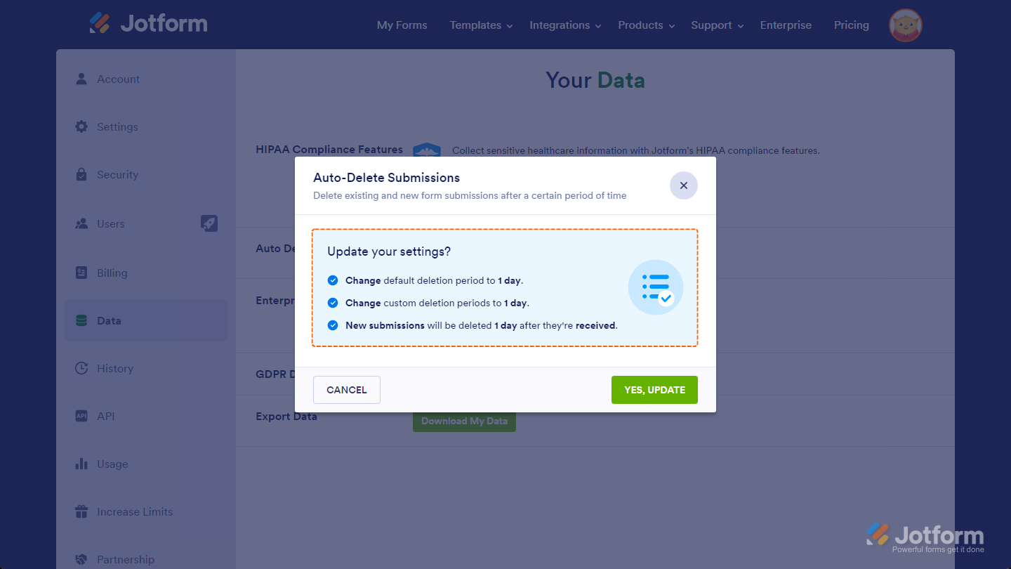 Auto-Delete Submissions window showing Yes Change All option applying default deletion period in Jotform