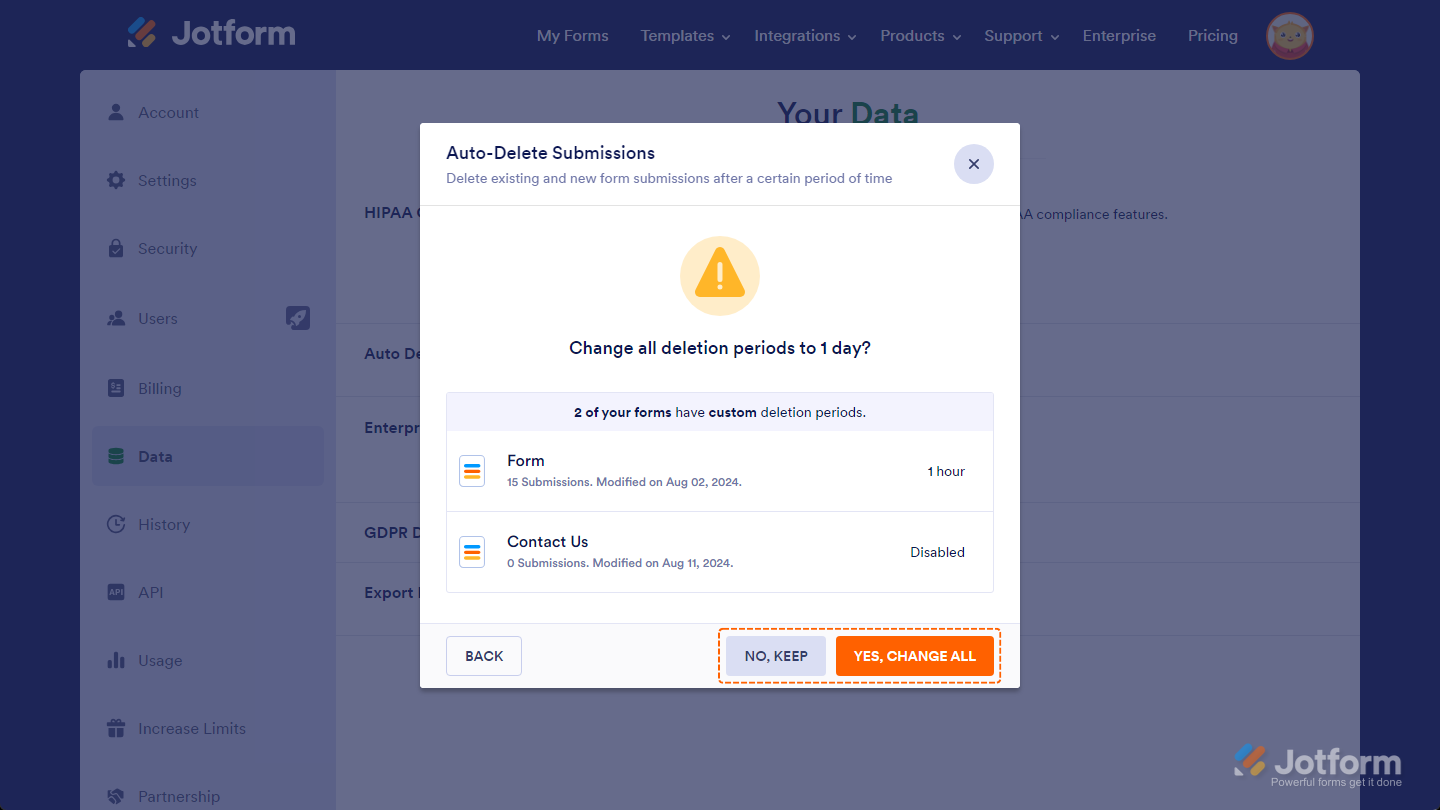 Auto-Delete Submissions window asking how to handle forms with existing custom deletion periods in Jotform