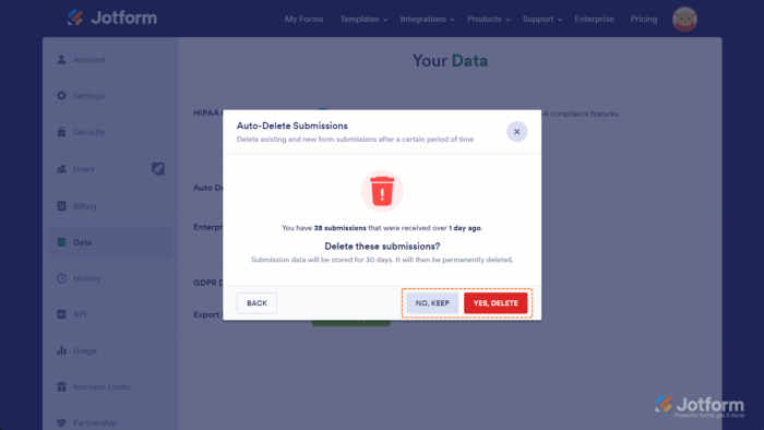 Auto-Delete Submissions window showing No Keep option for existing submissions in Jotform