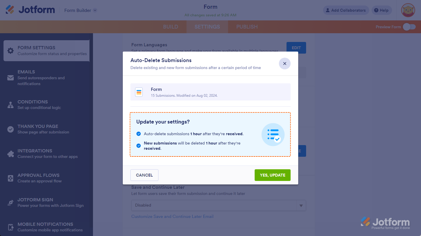 Auto-Delete Submissions window showing No Keep option for existing submissions in Jotform