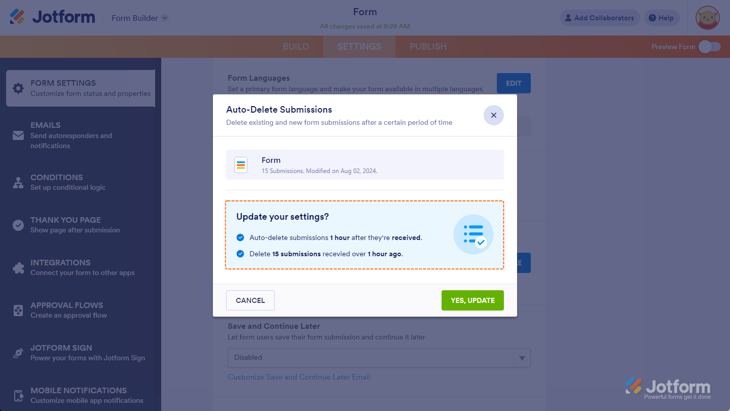 Auto-Delete Submissions window showing Yes Delete option moving old submissions to Trash in Jotform