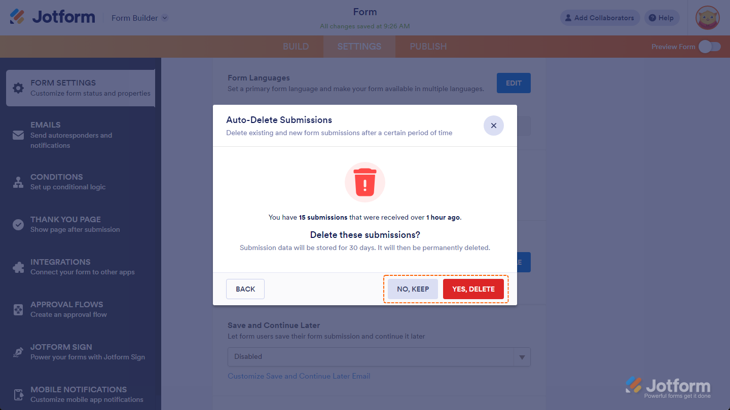 Auto-Delete Submissions window showing No Keep option for existing submissions in Jotform