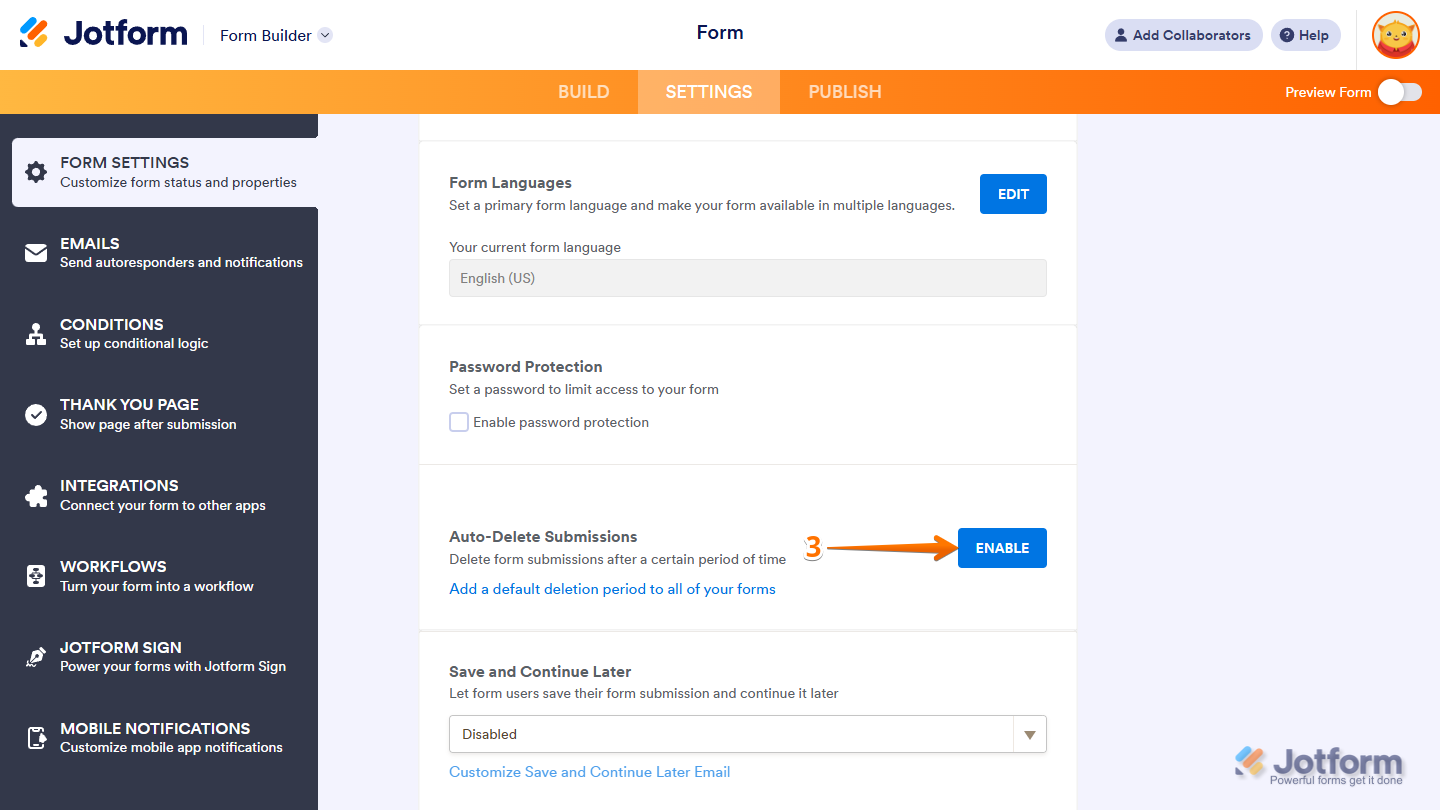 Jotform Form Builder settings showing the Auto Delete Submissions section with the Enable toggle highlighted