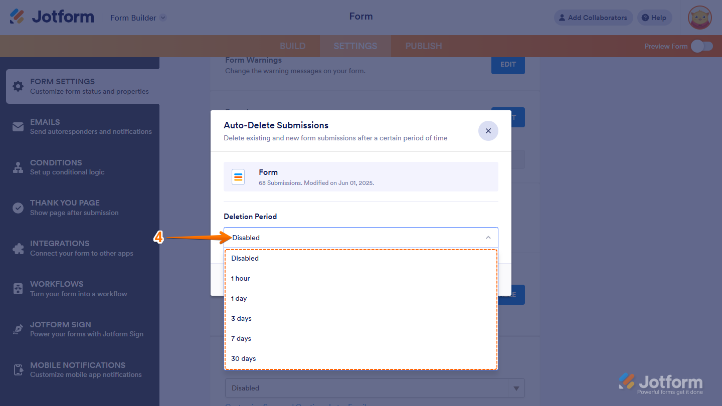 Jotform Auto-Delete Submissions window with the Deletion Period dropdown menu open, showing options for selecting the automatic deletion time frame