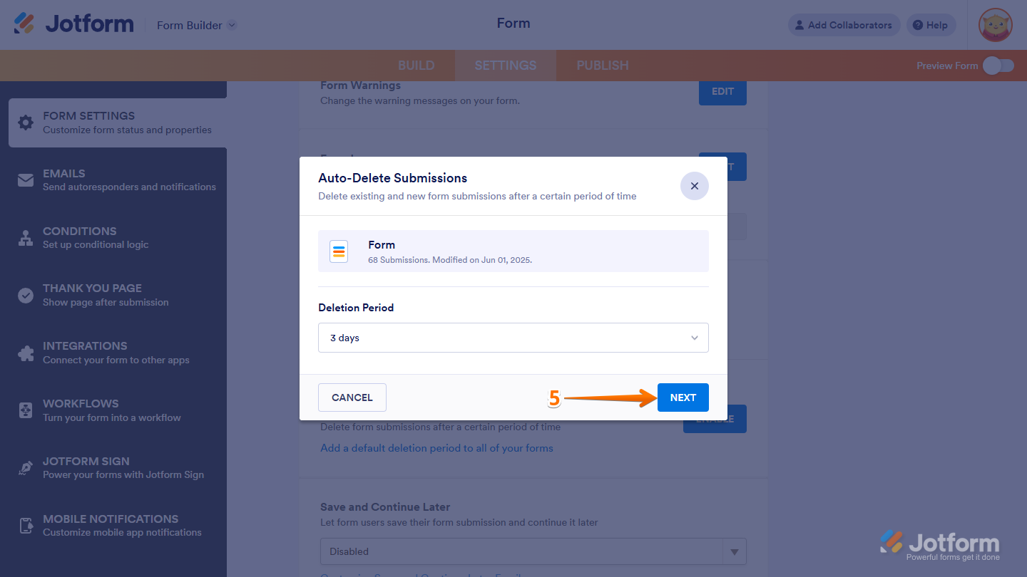 Jotform Auto-Delete Submissions window with the “Next” button highlighted, indicating the user can proceed to the next step