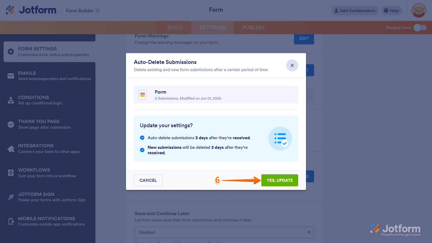 Confirmation window showing Yes Update button to apply changes in Jotform