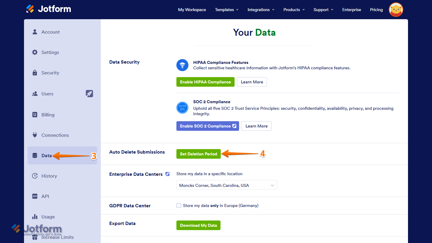 Settings page Data tab showing Set Deletion Period option in Jotform