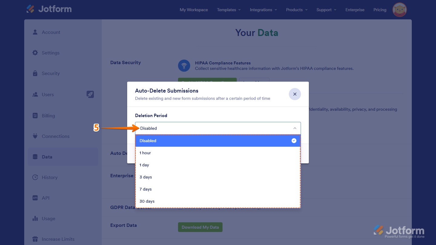 Auto-Delete Submissions window showing Deletion Period dropdown menu selection in Jotform